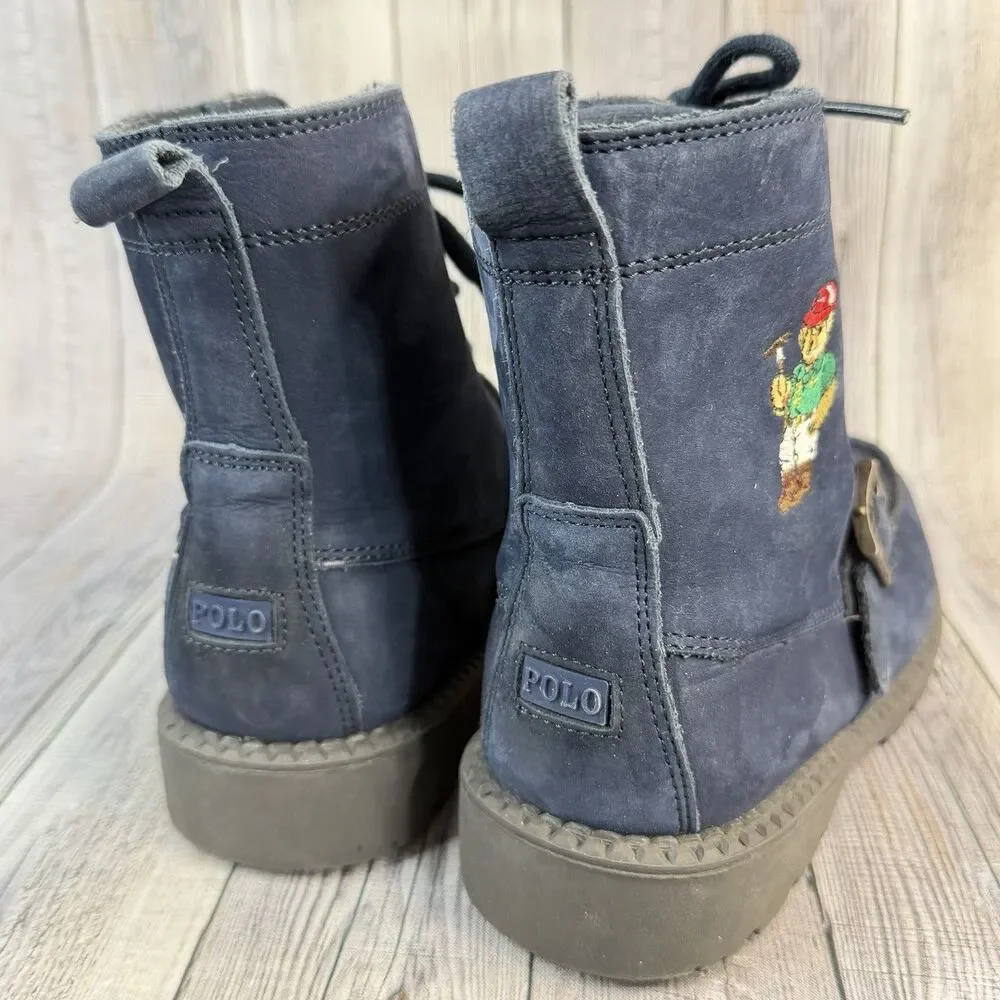 Polo Ralph Lauren Ranger HI II Mallet Bear Boots Blue Leather Kids Unisex SZ 3Y